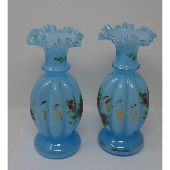 Fenton Melon Hand Painted Floral Blue Glass Vases Gold Trim - Picture 6 of 13